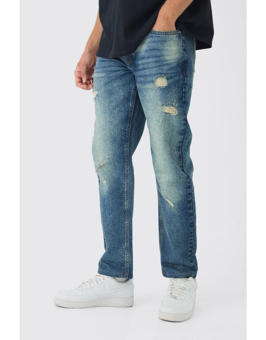 Straight Leg Rigid Subtle Ripped Jeans - vintage blue