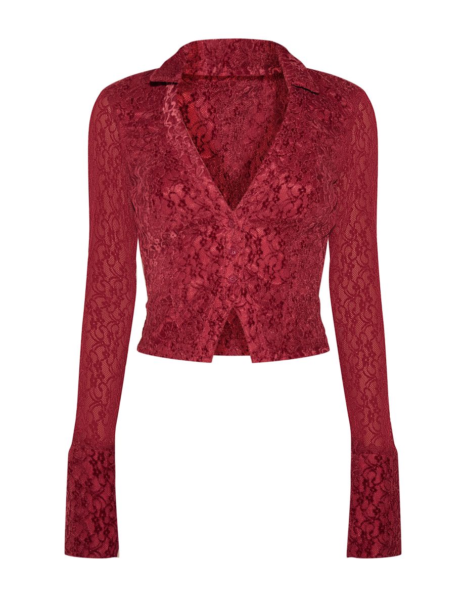 Burgundy Lace Fitted Plunge Shirt - 4