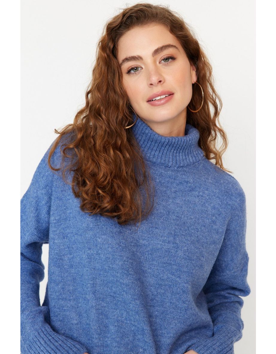 Blue Wide Fit Soft Textured Stand-Up Collar Knitwear Sweater - 7