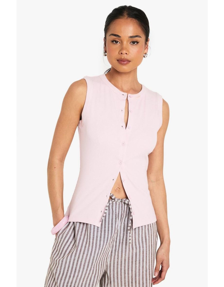 Ribbed Button Front Longline Top - pink