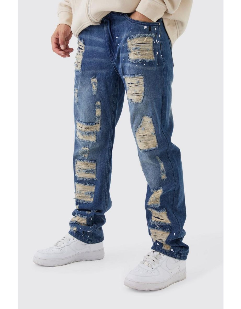 Straight Leg Ripped Paint Splatter Jeans - vintage blue