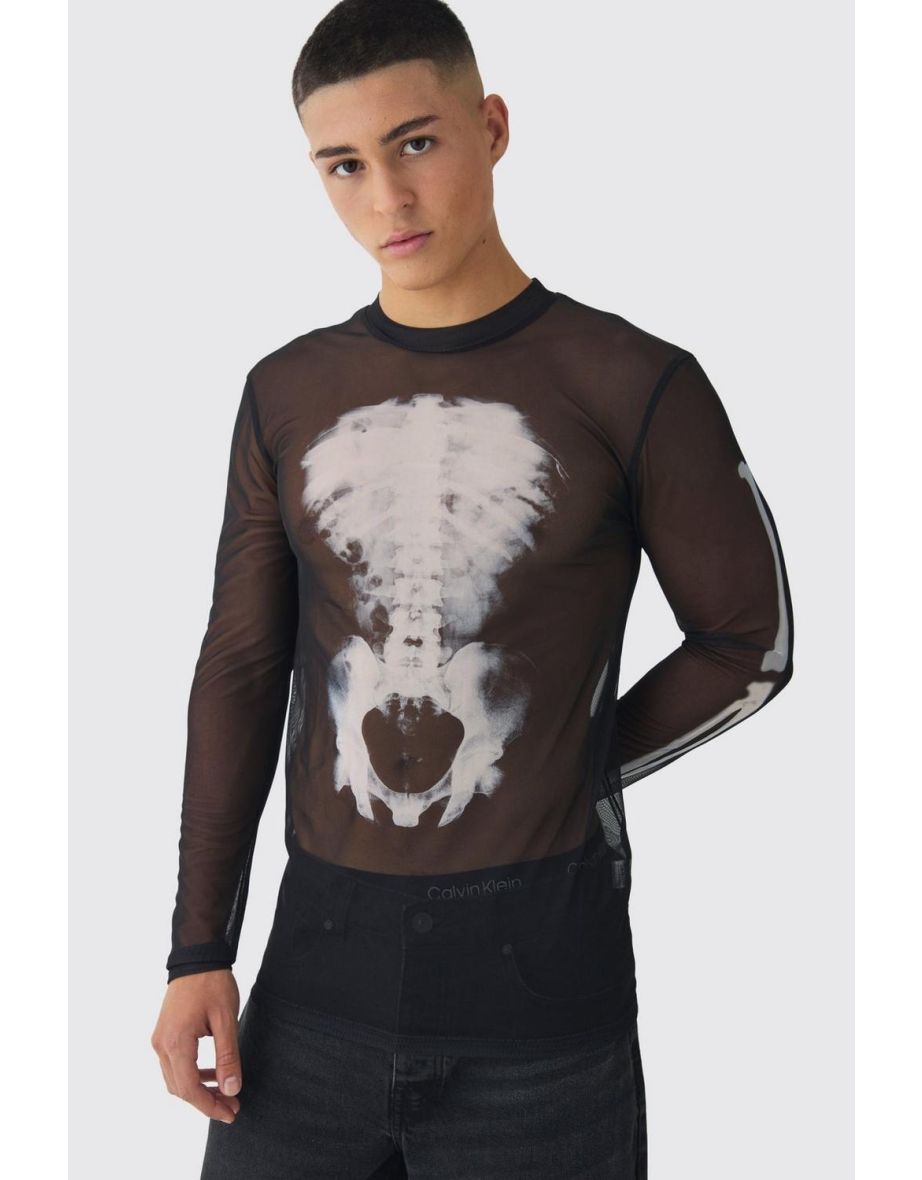 Muscle Mesh Skeleton Print Long Sleeve T-Shirt - black - 2