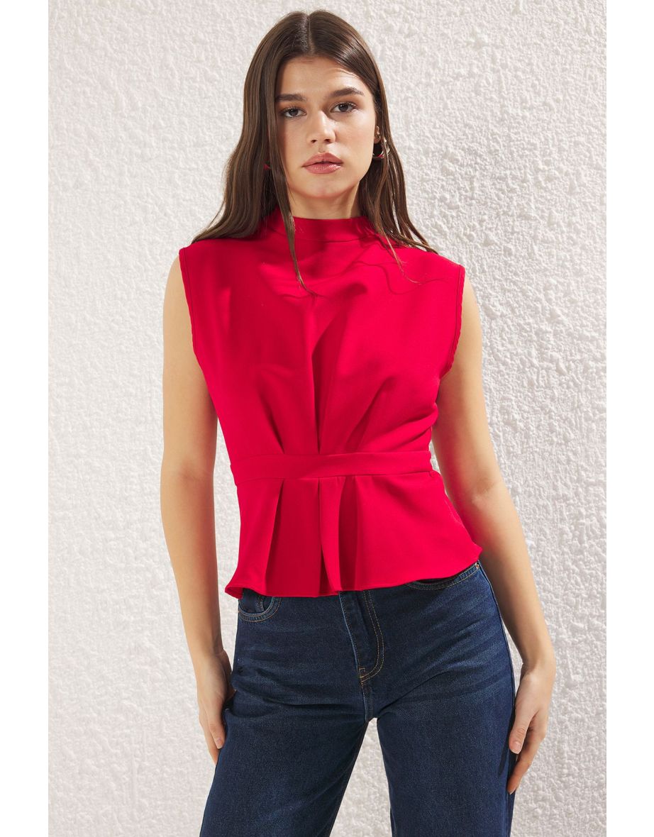 Red Woven Crew Neck Sleeveless Blouse