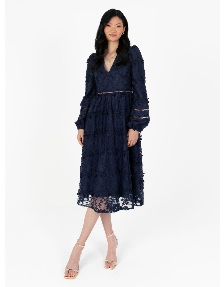 Shop Maya Navy 3D Floral Embroidered Long Sleeve Midi Dress Online in Bahrain VogaCloset