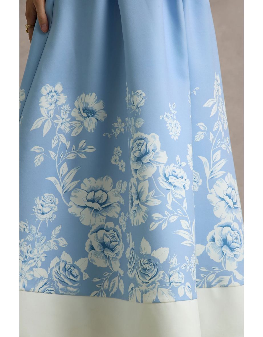 Annalise | Light Blue Floral Print Bandeau Skater Midi Dress - 5