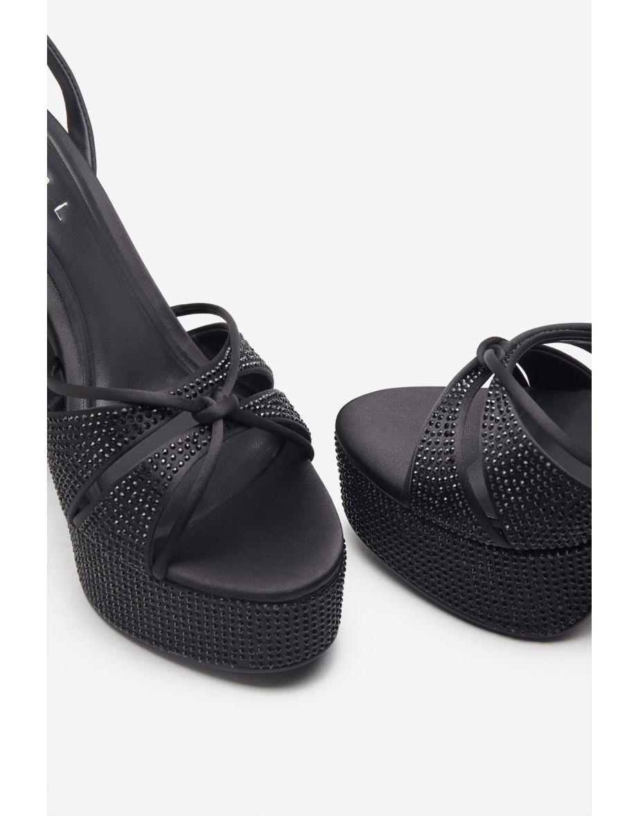 Crystal Cut | Black Strappy Heeled Platform Sandals With Diamante Buckles - 5