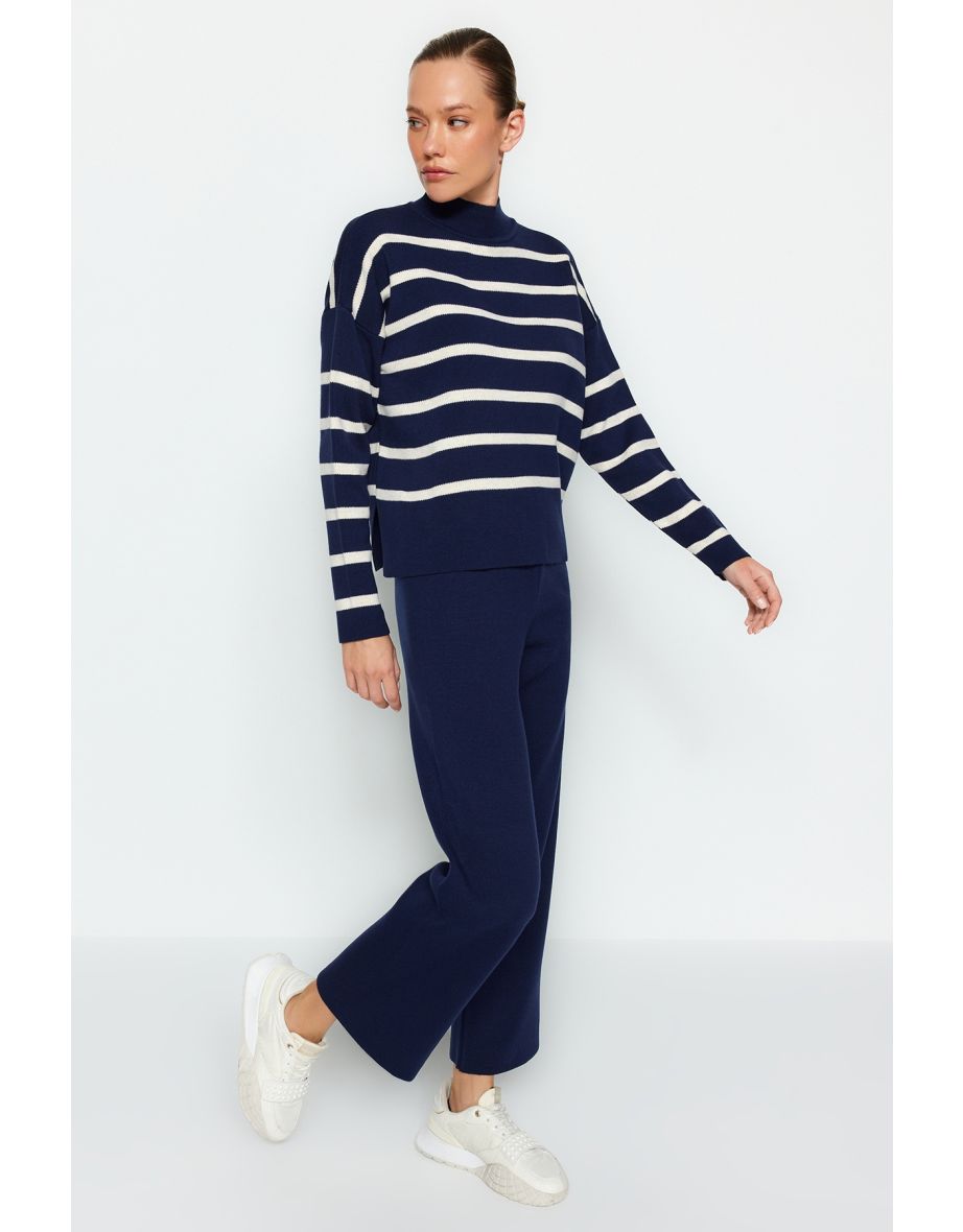 Navy Blue Striped Sweater Bottom-Top Suit with Pants
