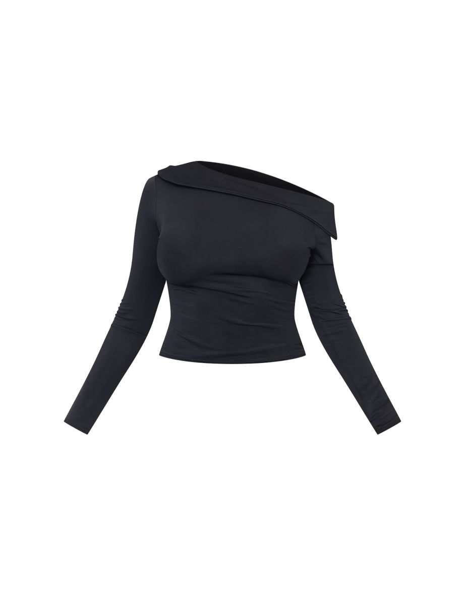 Shape Black Sculpt Fold Over Bardot Long Sleeve Top - 4