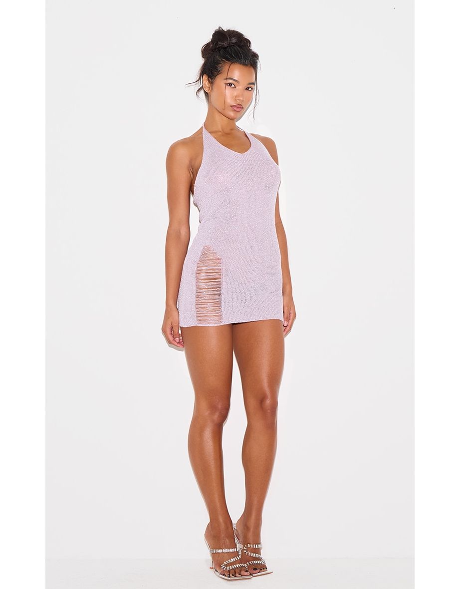 Lilac Glitter Knit Distressed Ladder Halterneck Mini Dress