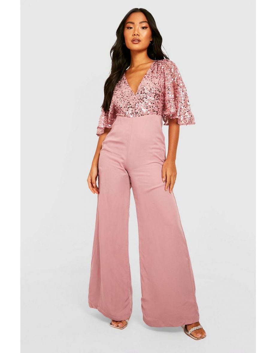 Petite Sequin Flared Sleeve Wide Leg Jumpsuit