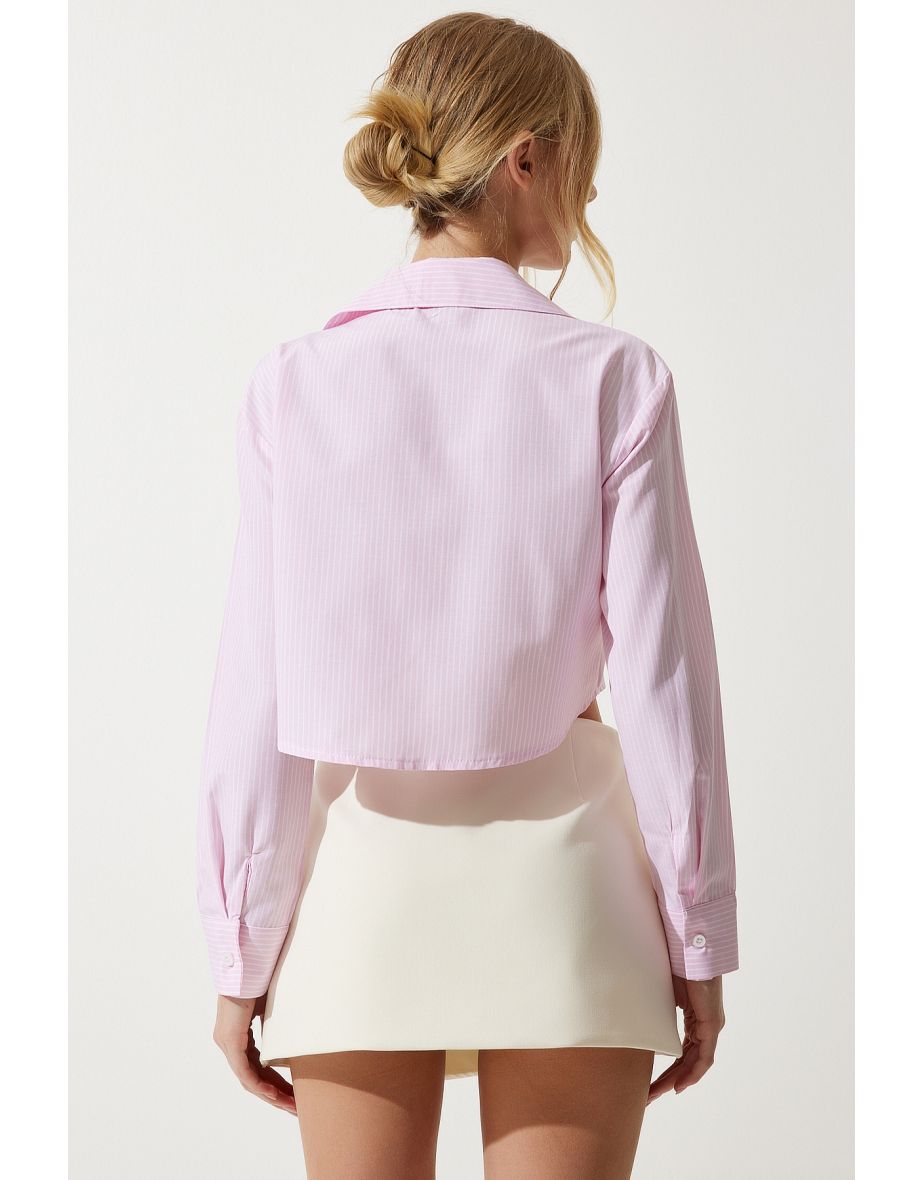 Women's Light Pink Premium Flower Brooch Detailed Crop Shirt - 4