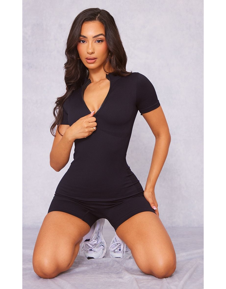 Petite Black Contour Rib Zip Front Unitard