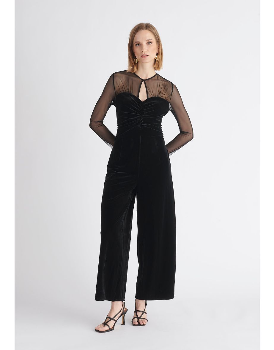 Sheer Sleeve Velvet Jumpsuit