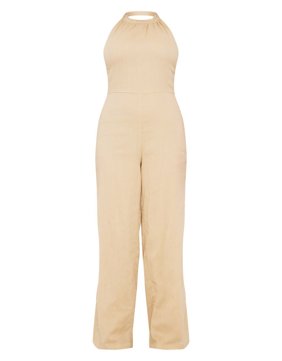 Camel Textured Halterneck Low Back Jumpsuit - 4