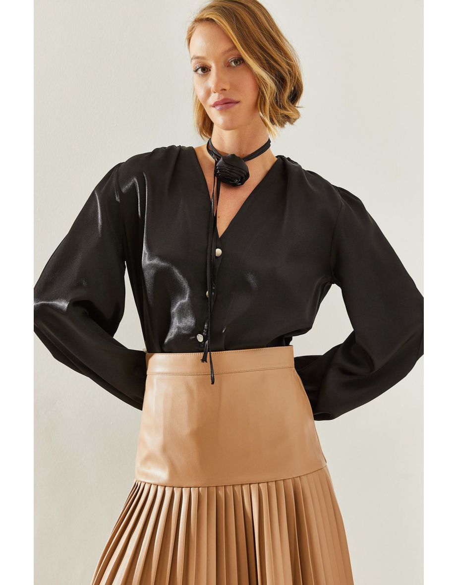 Women's V-Neck Shoulder Pleated Floral Accessory Satin Shirt