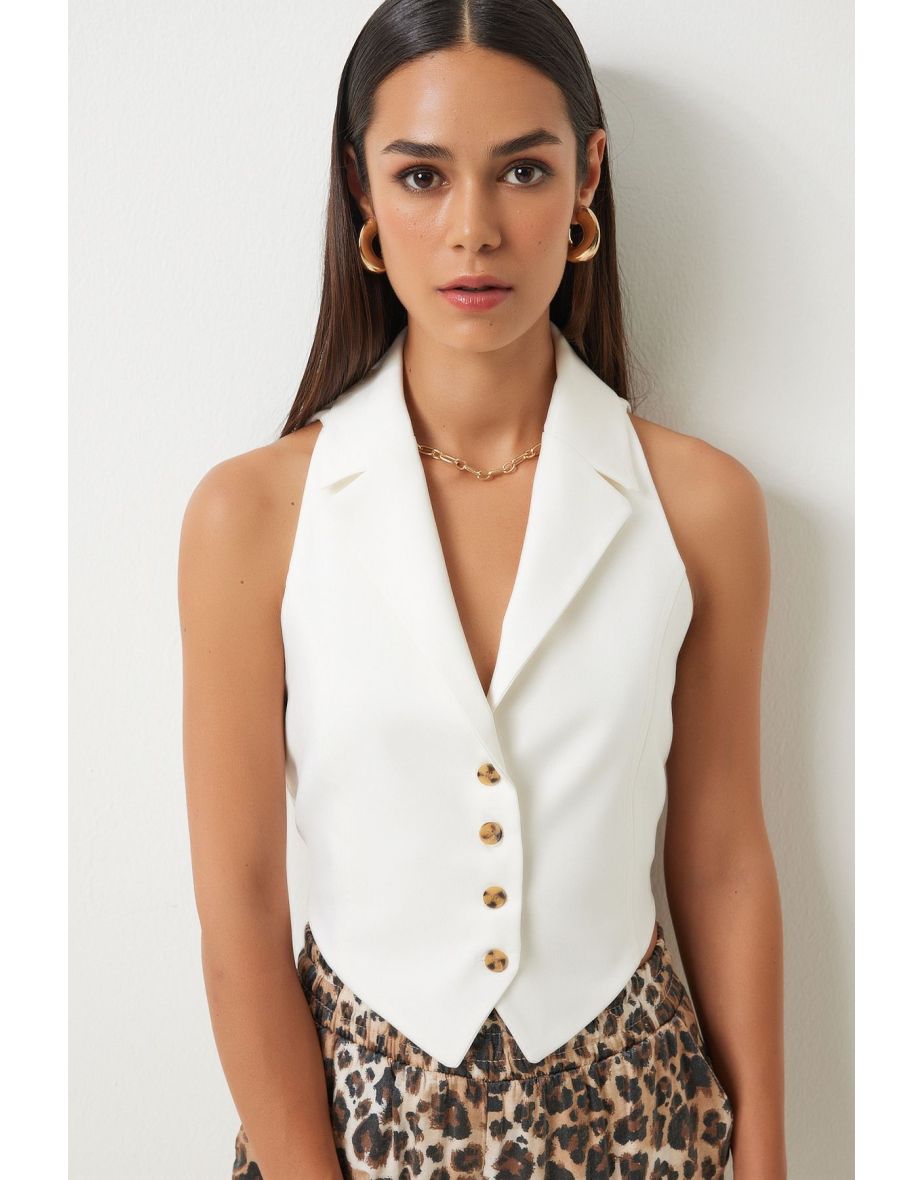 Women's White Shawl Collar Woven Vest - 8