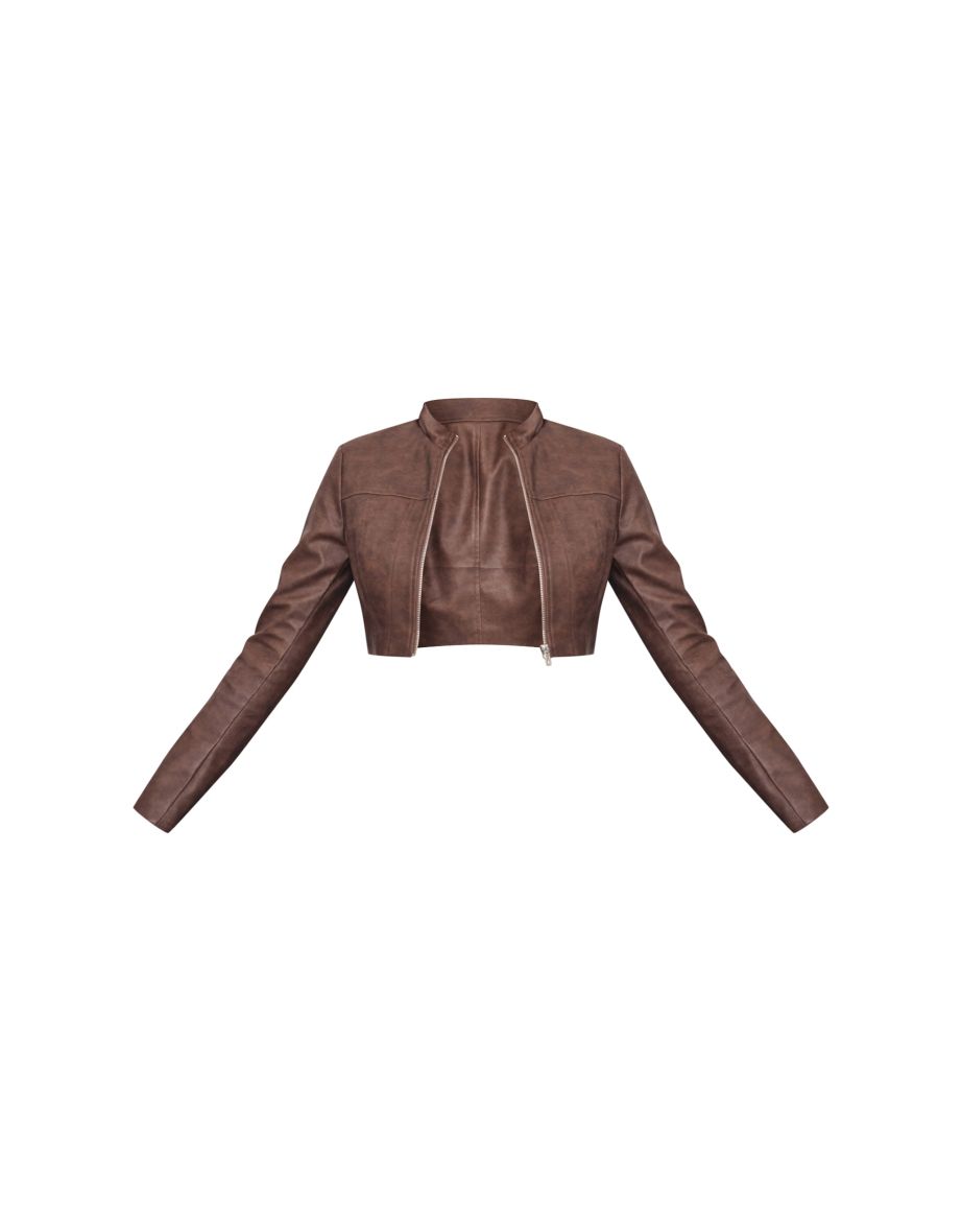 Brown Faux Leather Panel Details Biker Jacket - 4
