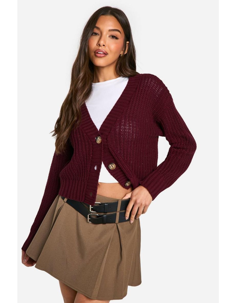 Button Through Crop Cardigan - plum