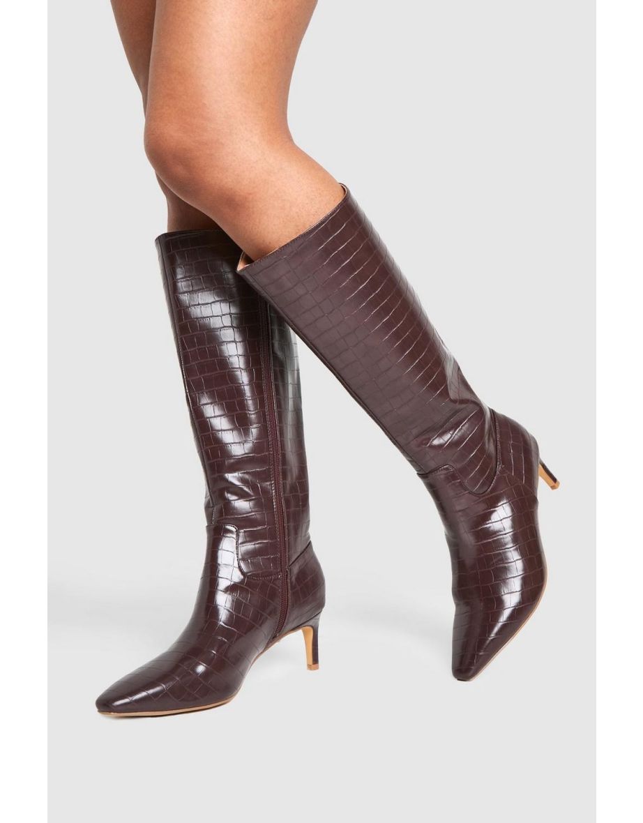 Wide Fit Croc Knee High Low Heeled Boots - chocolate