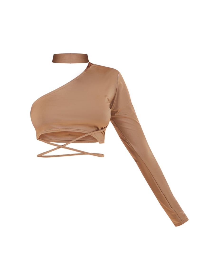 Gold Disco Slinky Asymmetric Wrap Waist Crop Top - 4