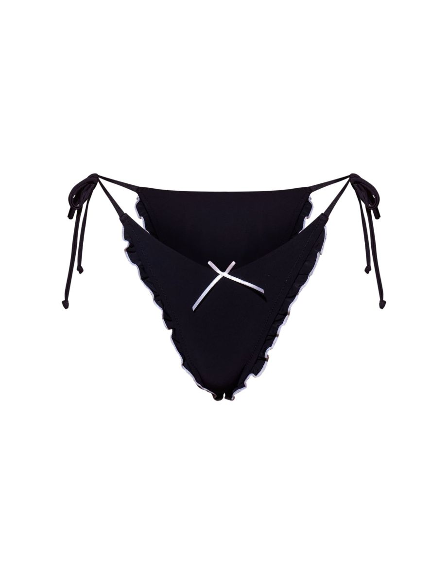 Black Bow Detail Frill Edge Tie Side Bikini Bottoms - 4