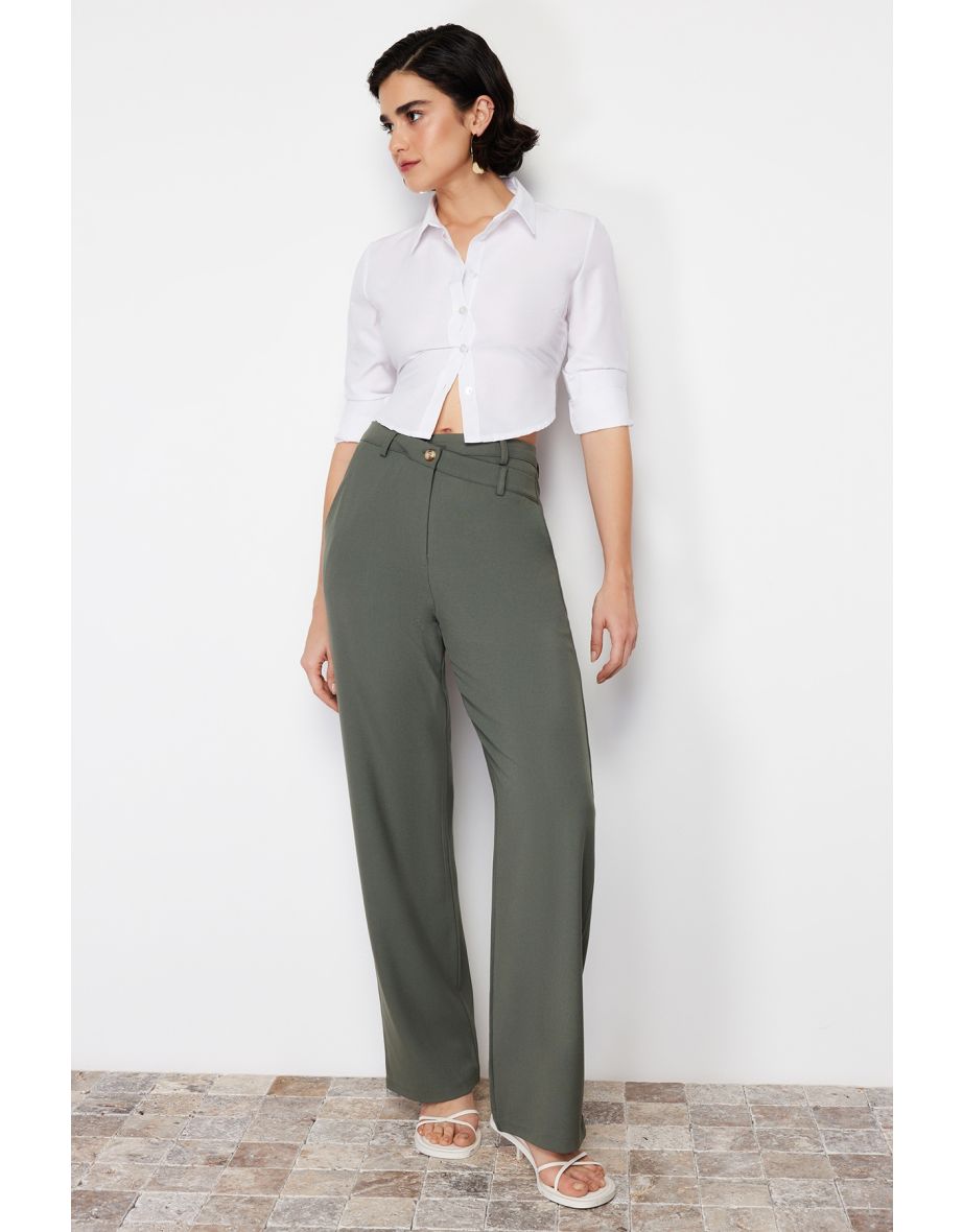Khaki Premium Straight Cut Asymmetric Waist Detailed Woven Trousers