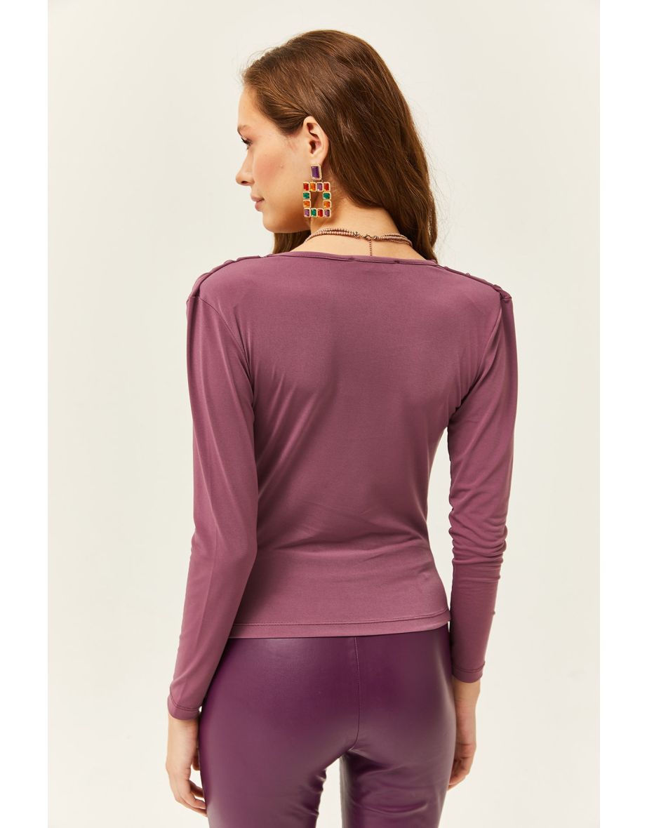 Women's Pale Pink Waistband Pleated Turndown Collar Blouse - 5