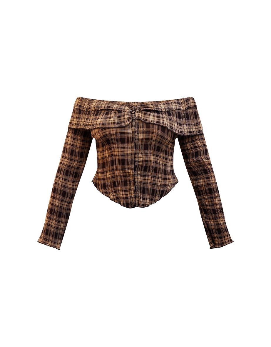 Brown Plisse Chiffon Check Bardot Blouse - 4
