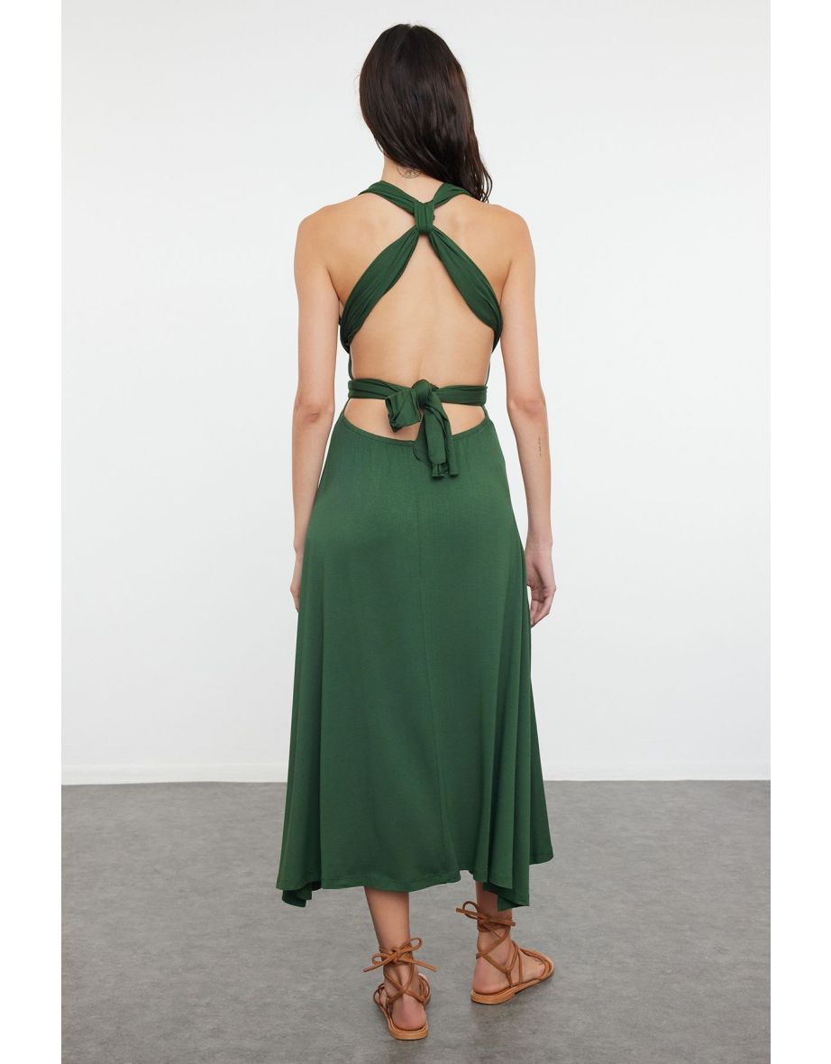 Khaki Midi Knitted Tie-Up Beach Dress - 6