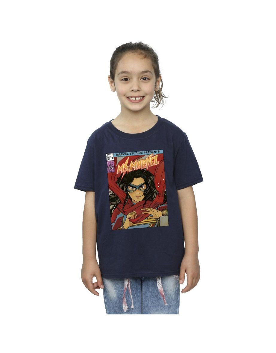 Marvel Girls Ms Marvel Comic Poster Cotton T-Shirt - Navy Blue