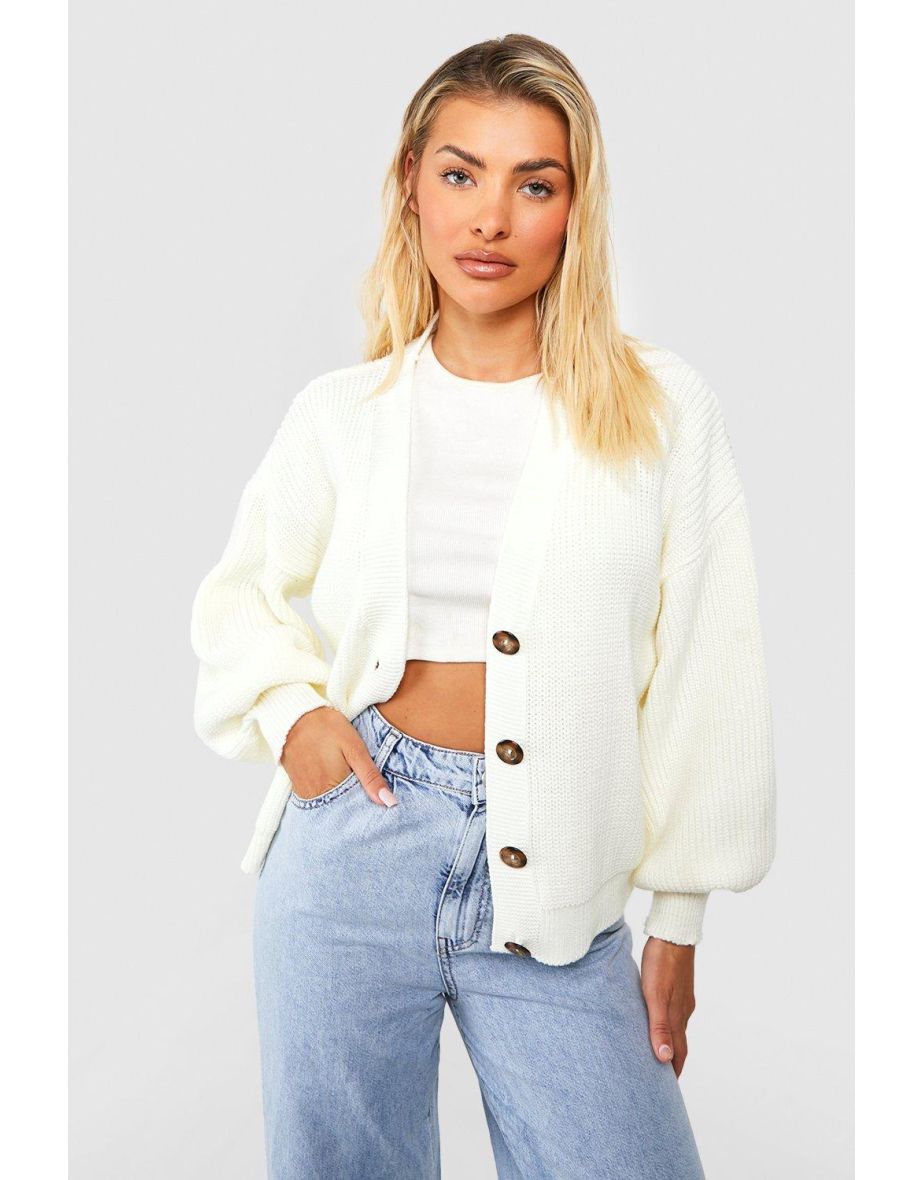 Balloon Sleeve Button Through Rib Cardigan - ivory