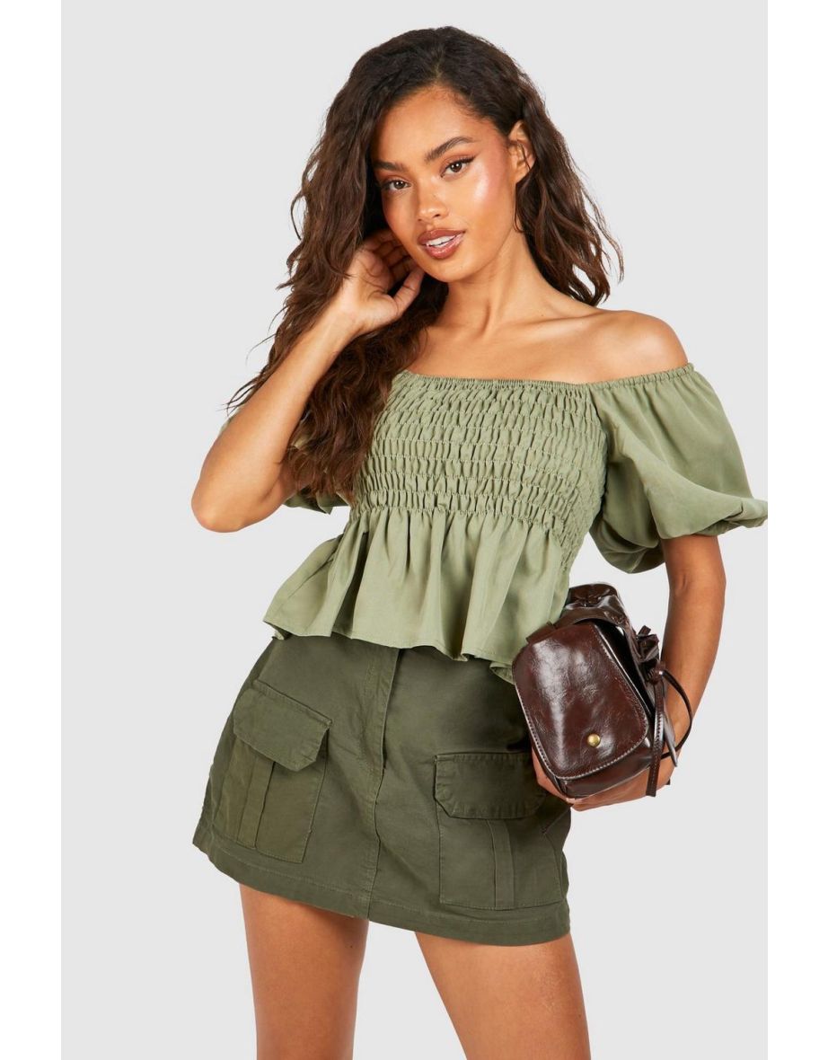 Shirred Puff Sleeve Smock Top - olive