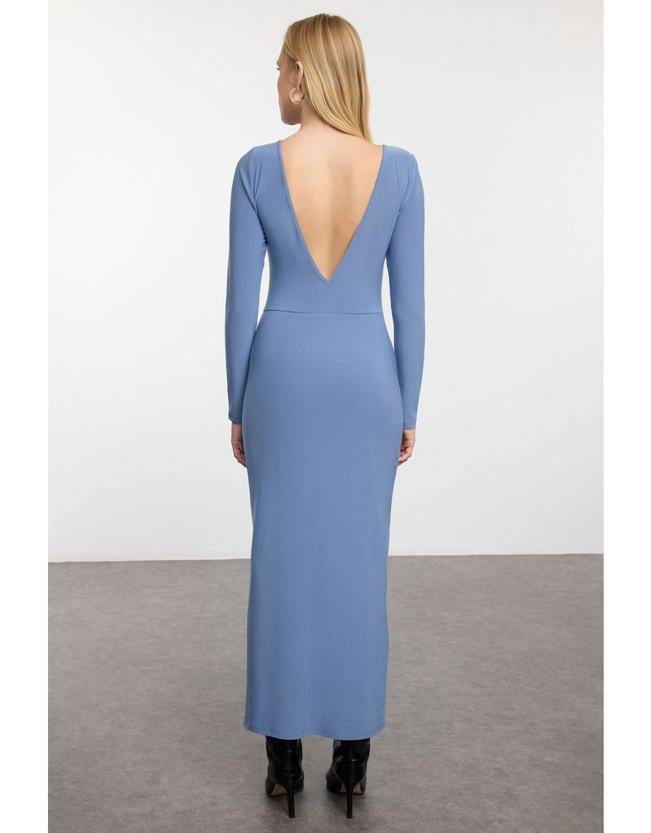 Indigo Plain Bodycone Back Printed Maxi Knit Dress Boat Neck Bodycon Maxi Stretchy - 4