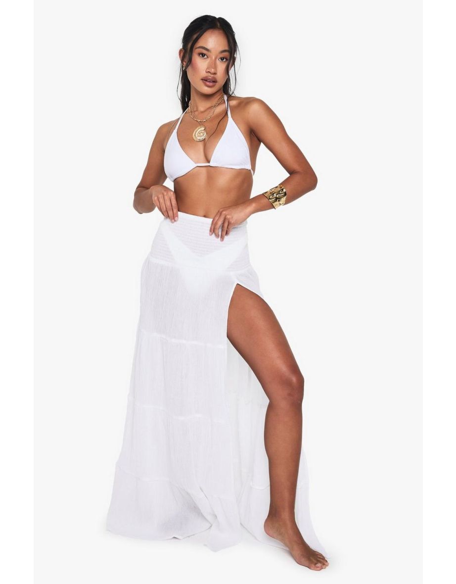 Crinkle Cotton Shirred Beach Maxi Skirt - white