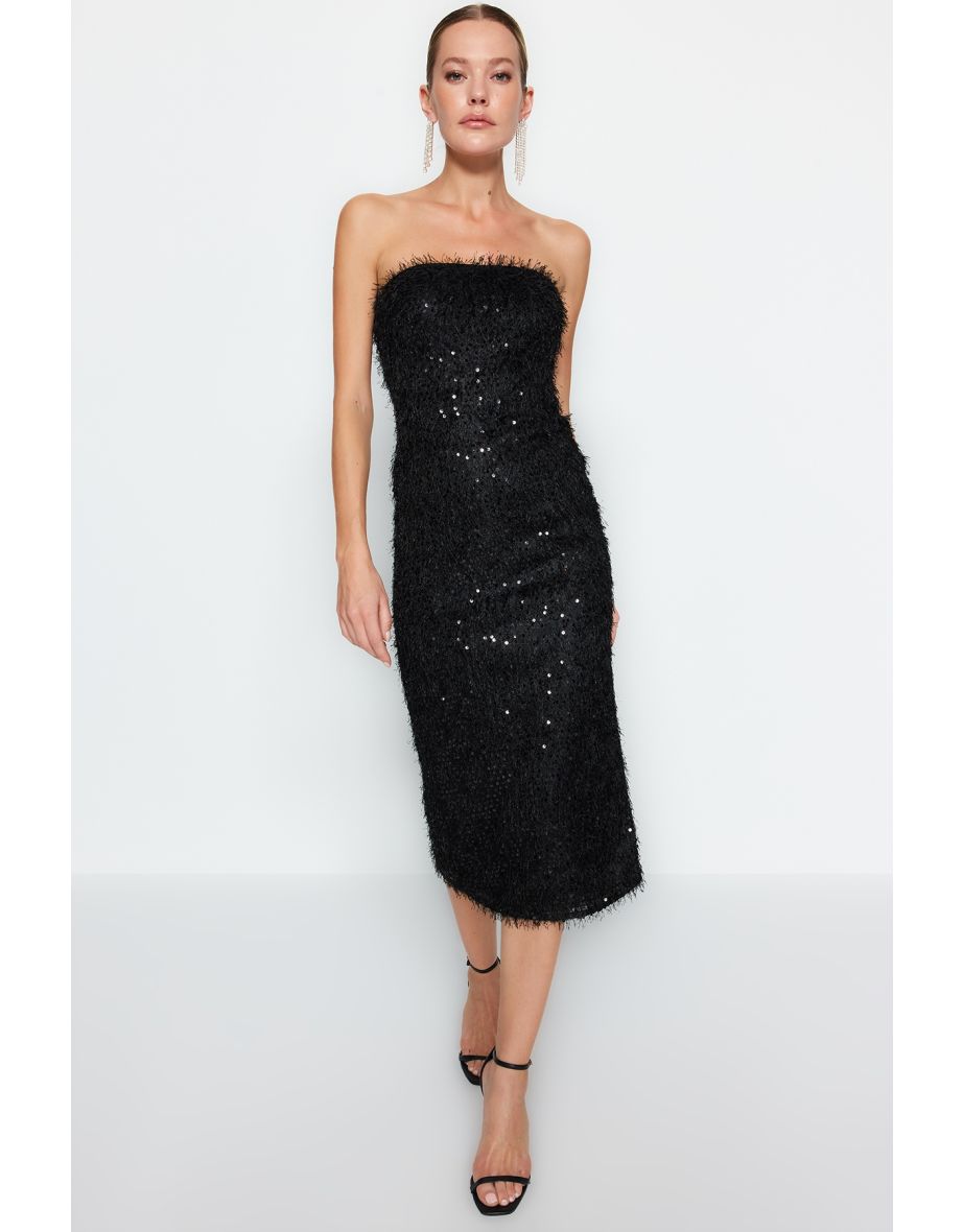 Black Strapless Bodycon Midi Party Dress