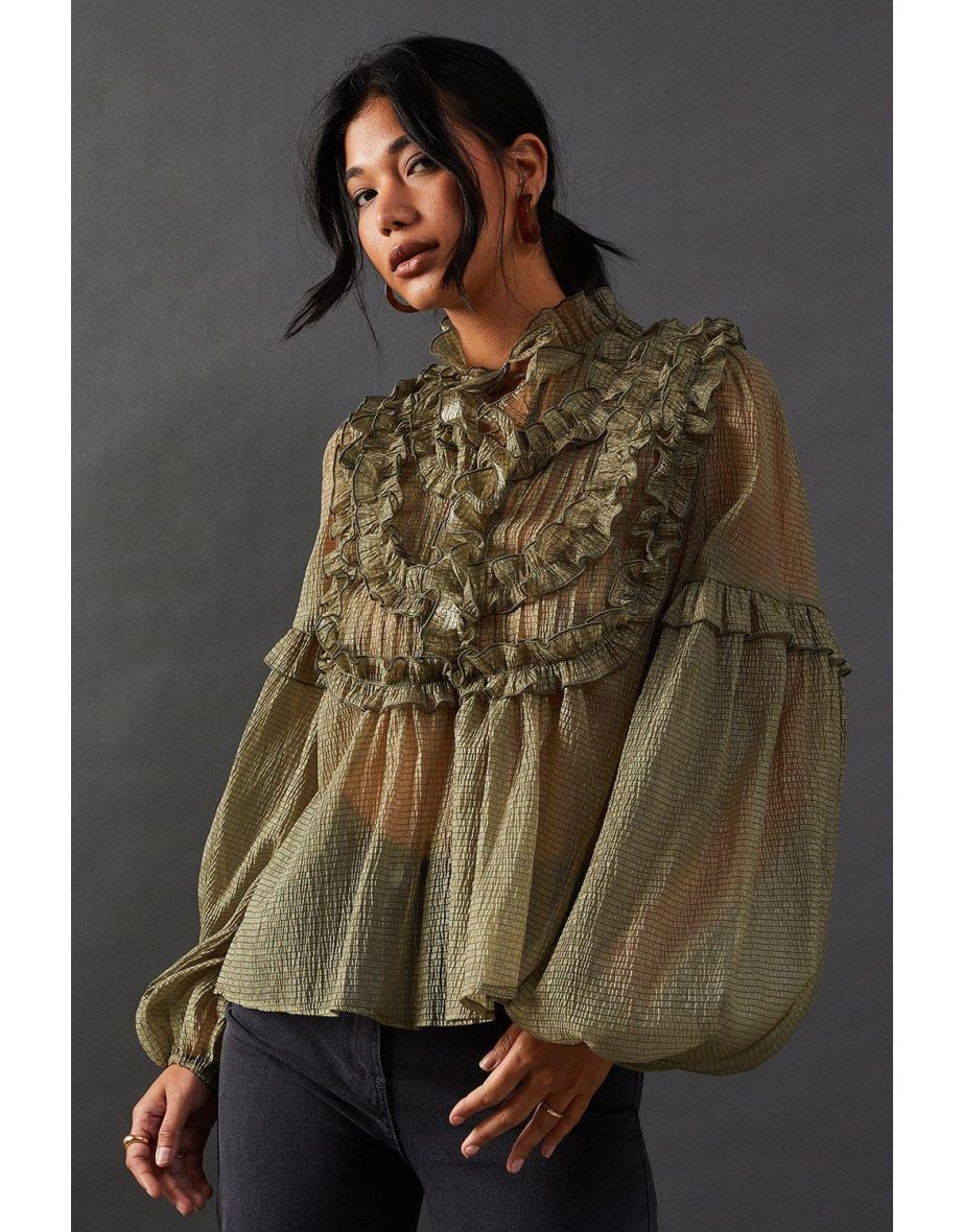 Premium Crinkle Stripe Organza Frill Pleated Top - 3