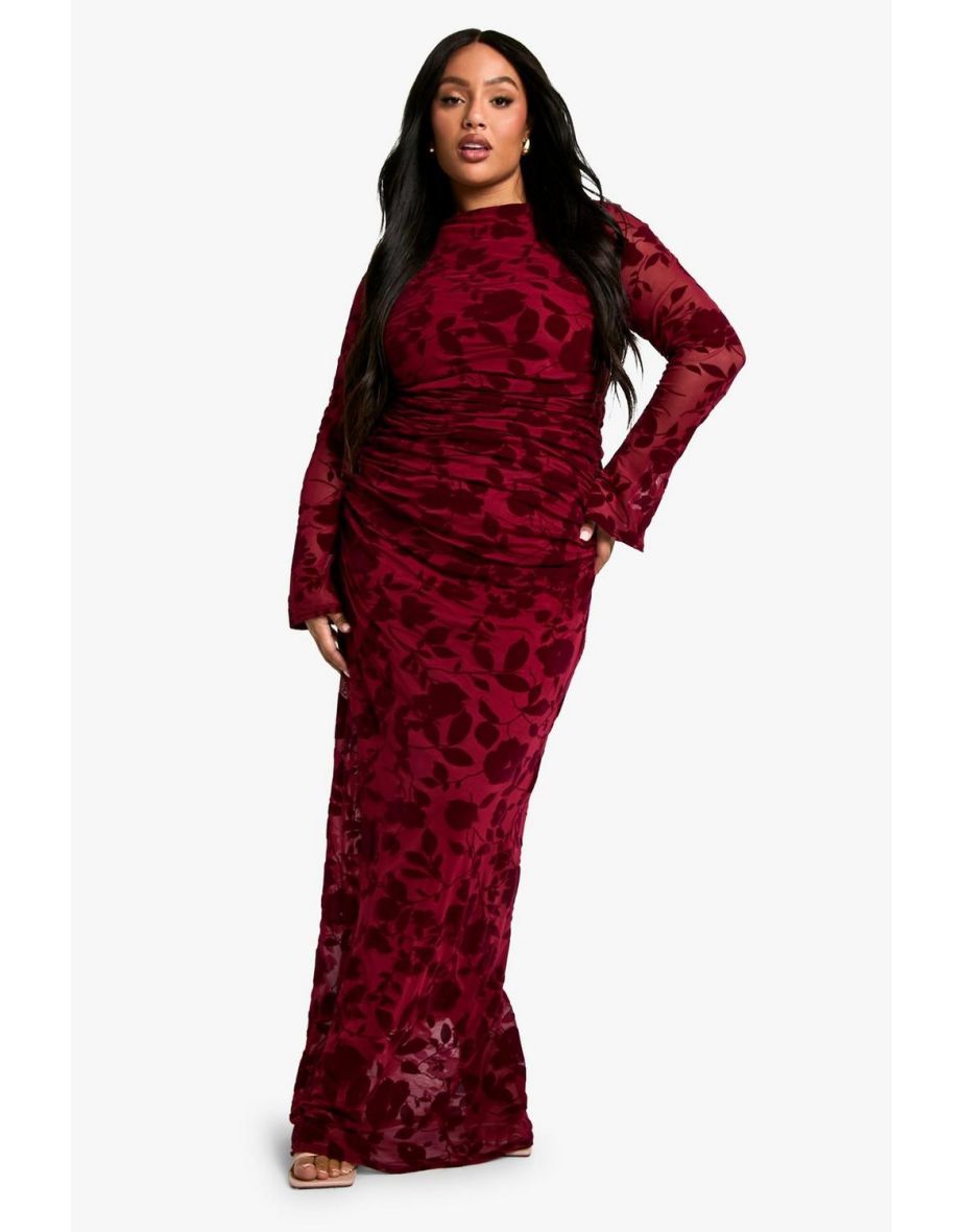 Plus Devore Ruched Floor Length Dress - burgundy
