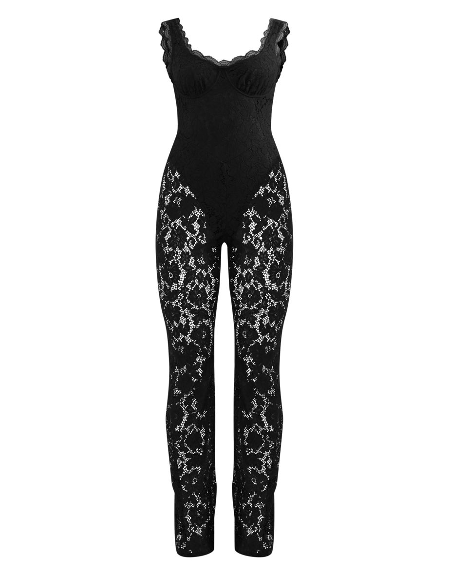 Black Lace Boning Detail Strappy Flared Jumpsuit - 3