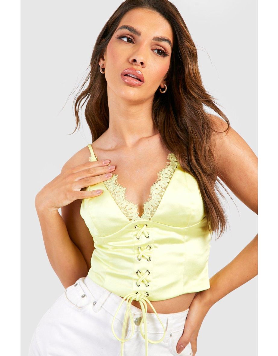 Satin Strappy Lace Up Corset Top - yellow