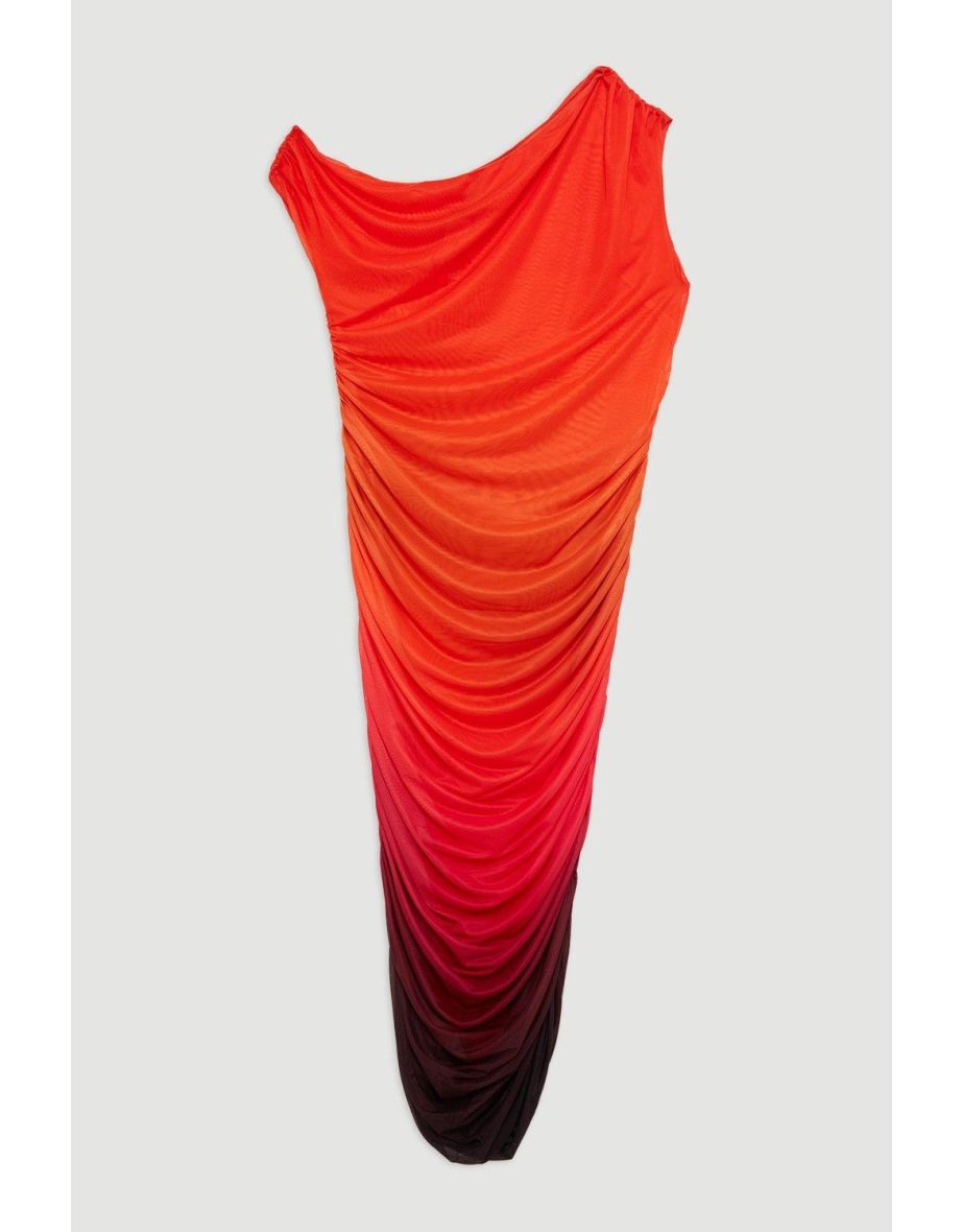 Plus Size Sunset Printed Mesh Jersey One Shoulder Midi Dress - 4