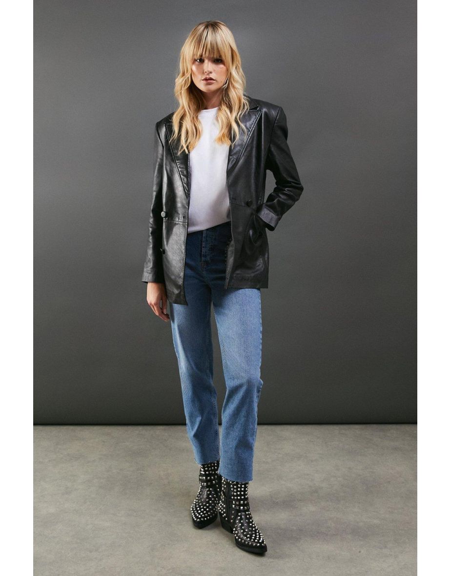 Real Leather Double Breasted Oversized Blazer