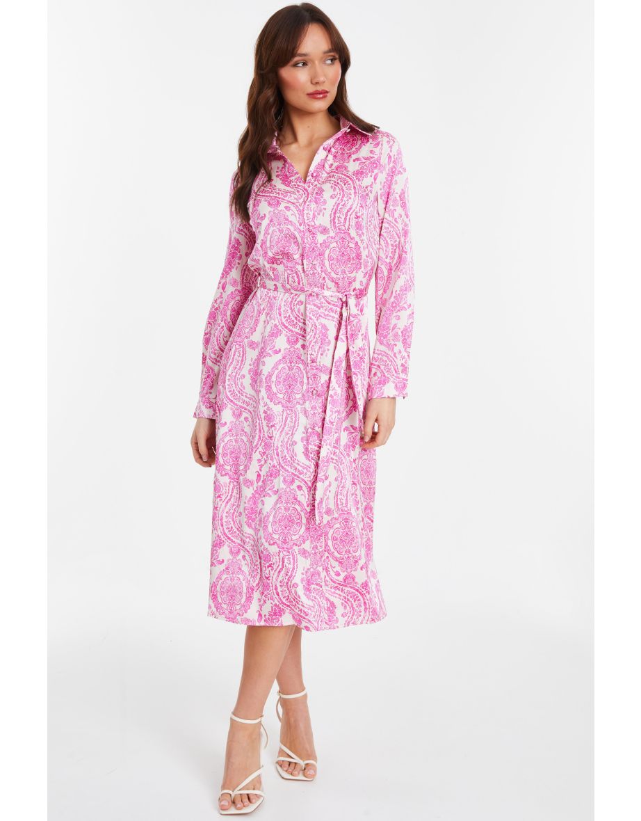 Pink Paisley Satin Shirt Dress