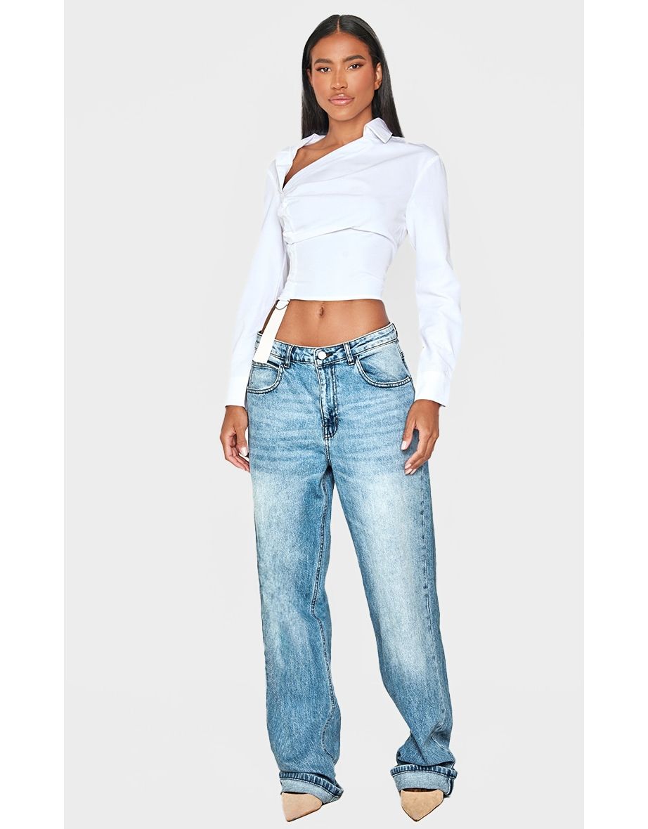 White Ruched Buckle Asymmetric Shirt