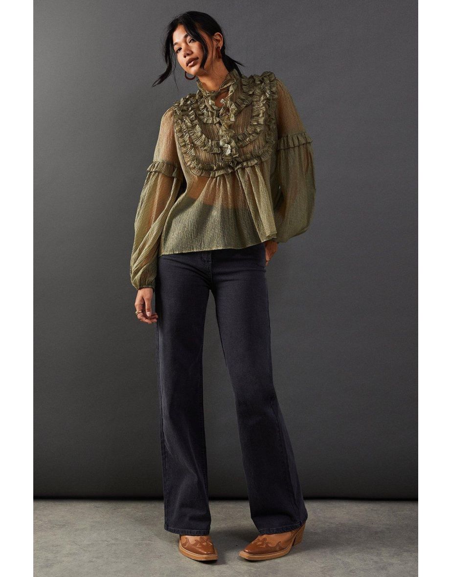 Premium Crinkle Stripe Organza Frill Pleated Top