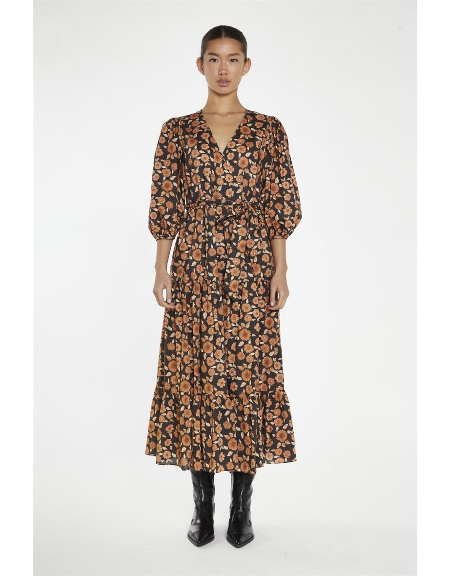 Burnt-Orange Daisy Wrap Midi-Dress