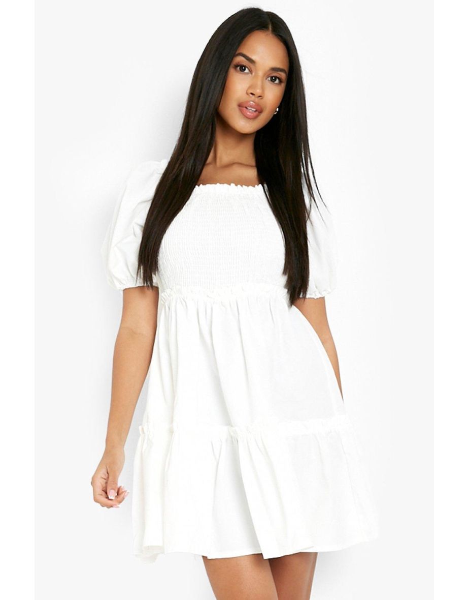 Puff Sleeve Shirred Tiered Smock Dress - white - 3