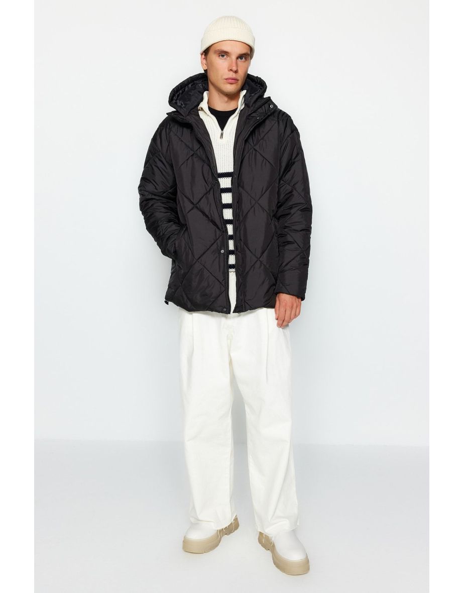 Black Oversize Fit Hooded Water and Wind Resistant Lightweight Quilted Coat