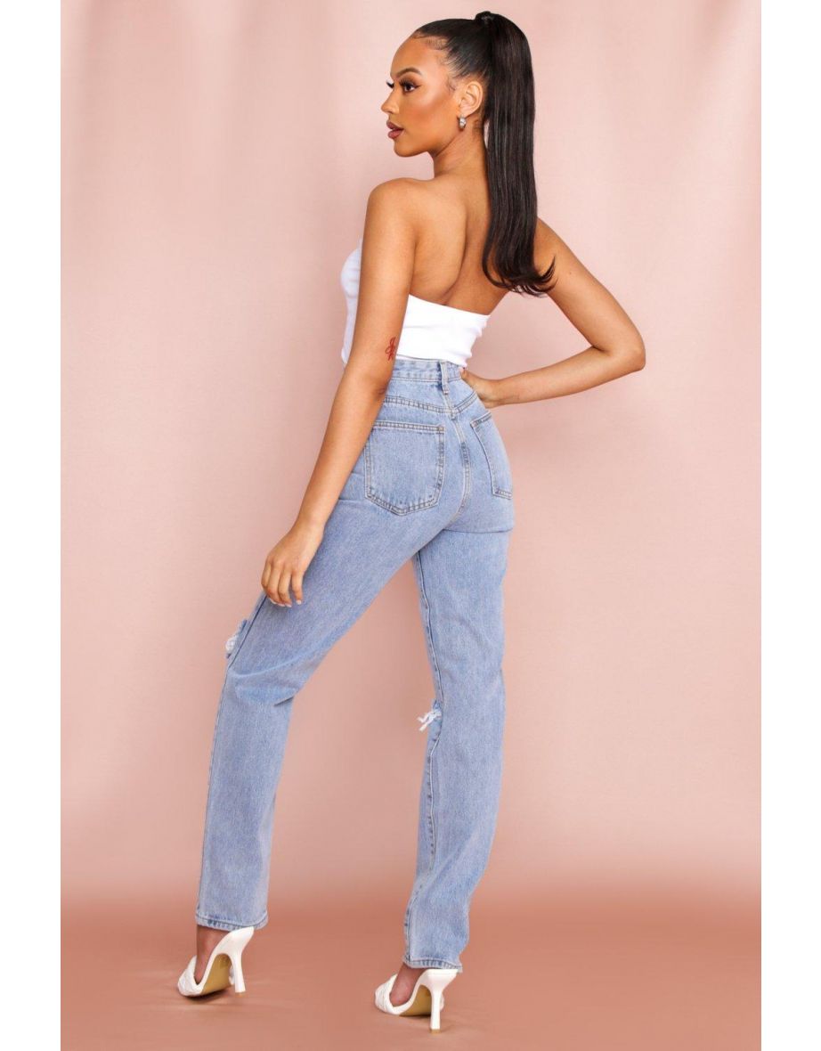 High Waisted Distressed Straight Leg Jean - 2