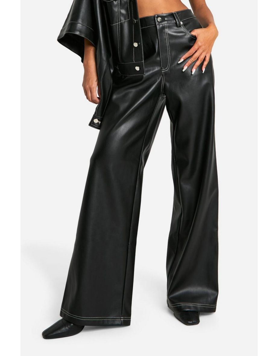 Contrast Stitch Detail Faux Leather Trousers - 3