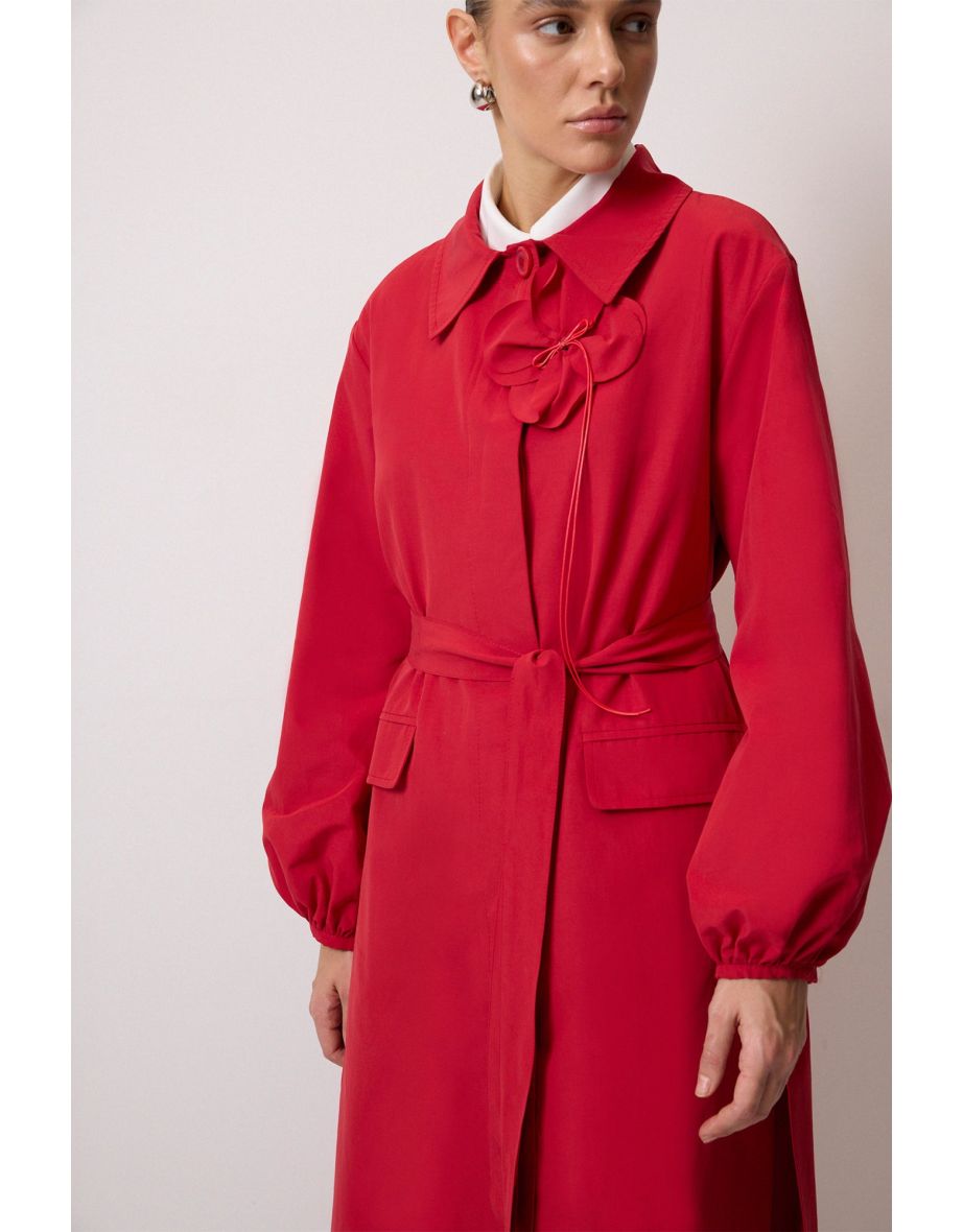 GATHERED TRENCH COAT WITH FLOWER DETAIL - 3